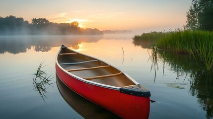 Serene sunrise over a misty lake with a red canoe. calm, reflective water and lush greenery create a tranquil scene. perfect for peaceful content. AI