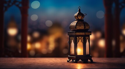 Ramadan Lantern in low light mode with arabesque background - obrazy, fototapety, plakaty