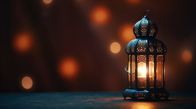 Ramadan Lantern in low light mode with arabesque background
