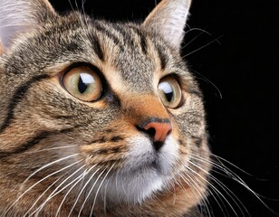 Close-up part of a tabby cat's face and whiskers against a black background