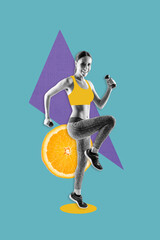 Vertical creative collage sportive girl exercise body shaping fit figure orange citrus healthy nutrition vitamins healthcare