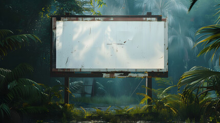 a blank white signboard in forest, inviting viewers to unleash their creativity and imagination by filling the space with personalized messages, artwork, or branding