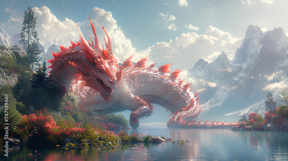 Poster fantasy magic dragon with natural background