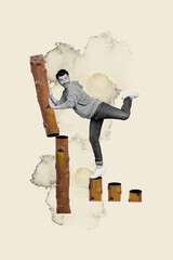 Creative vertical collage poster standing young crazy man keep balance one leg cut wooden log...