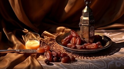 Fototapeta premium Traditional lantern, dates fruit, rosary beads and a cup of Arabic coffee on a small straw mat with arabesque shadow effect