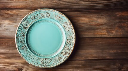 Vintage Plate on wooden background in blue color