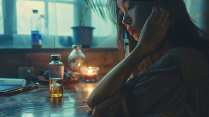 Anti drug, drug addict young woman, girl hand reaching for syringe, medicament with narcotic on table at home, abuse overdose. Sick pain of health, unhealthy people. Suicide depressed or despair. - obrazy, fototapety, plakaty