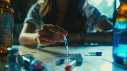 Anti drug, drug addict young woman, girl hand reaching for syringe, medicament with narcotic on table at home, abuse overdose. Sick pain of health, unhealthy people. Suicide depressed or despair. - obrazy, fototapety, plakaty