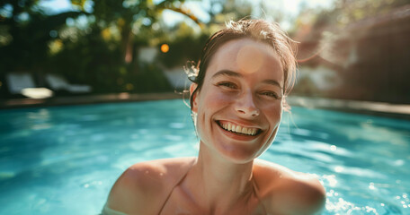 Lifestyle portrait of happy brunette woman laughing and swimming in resort pool on holiday