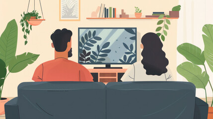 Back view of adult couple watching TV at home while sitting on sofa.