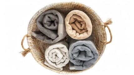 Fototapeta premium Basket with different soft towels isolated on white, top view.