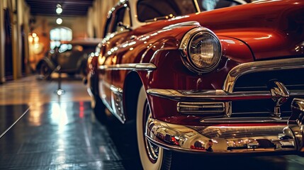 Vintage Red Rustic Car with Chrome Detailing Parked Indoors, Classic Automobile Collectible - obrazy, fototapety, plakaty