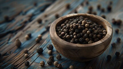 Aromatic black peppercorns in a rustic wooden bowl on a blue wooden surface. kitchen and cooking conceptual scene. ideal for food blogs and menus. AI - obrazy, fototapety, plakaty