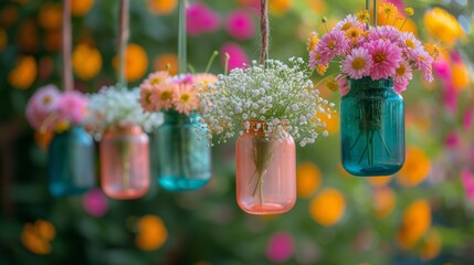 Flowers in a colorful glass bottle hanging. Flower vase arrangements, flowers wedding decoration, flowers in a bottles, garland of flowers, natural DIY decorations, design, rustic, poster, wallpaper