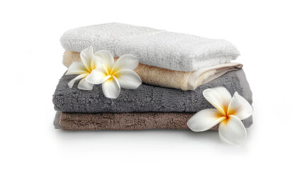 Obraz na płótnie Canvas Different folded soft towels and plumeria flowers isolated on white.