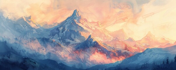 A majestic mountain range at dawn, watercolors illustrating the gentle interplay of light and shadow - obrazy, fototapety, plakaty