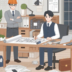 Asian male architect working in office, vector illustration