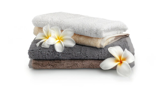Different folded soft towels and plumeria flowers isolated on white.