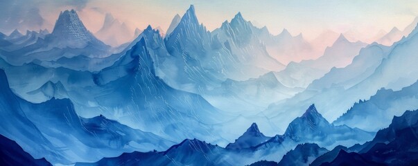 Dawn breaks over a majestic mountain range in a stunning watercolor depiction, capturing the gentle interplay of light and shadow as the landscape awakens to a new day.
