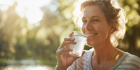 Lifestyle portrait of happy mature woman outside holding glass of refreshing sparkling water - obrazy, fototapety, plakaty
