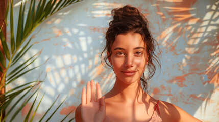 Summer portrait of calm young brunette woman in palm shadow, isolated pastel background. Natural beauty concept. Setting healthy boundaries in relationships. Hand gesture for nope.