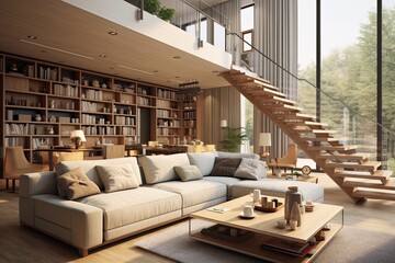 Multi-level Home Interior Concepts: Staggered Sofa Placements for a Modern Living Space - obrazy, fototapety, plakaty