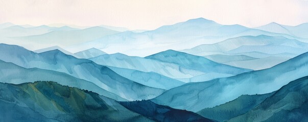 In a breathtaking watercolor illustration, the majestic mountain range is bathed in the soft light of dawn, showcasing the delicate dance between light and shadow across the rugged terrain. - obrazy, fototapety, plakaty