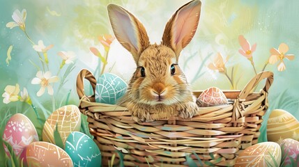 Fototapeta na wymiar Easter bunny with basket full of colorful eggs on green background.