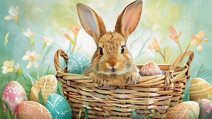Easter bunny with basket full of colorful eggs on green background.
