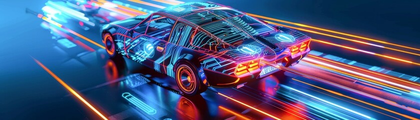 Futuristic transportation powered by glowing semiconductors with circuit boards that light up the night in vibrant neon colors