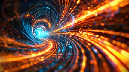 A swirling vortex of neon lights in a dark void, creating a tunnel effect