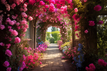 Fototapeta na wymiar Garden Walkway Amidst Blooming Flowers - Floral Beauty
