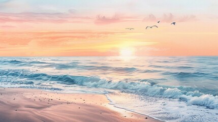 The calmness of a watercolor beach scene at sunset is depicted with gentle waves lapping at the shore and seagulls soaring overhead, creating a serene atmosphere of coastal bliss. - obrazy, fototapety, plakaty