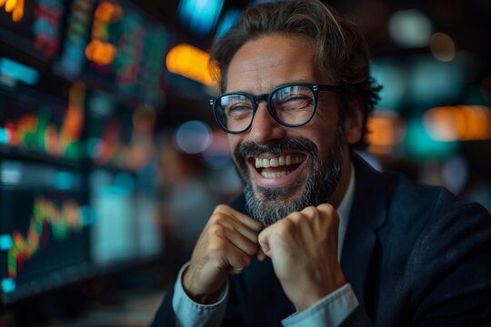 Joyful investor celebrates success against a backdrop of stock market boards
