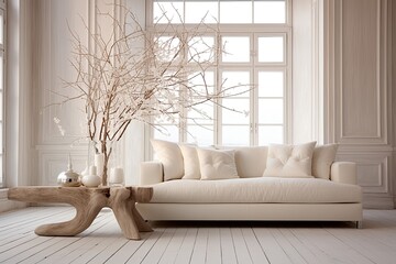 Organic Texture White Sofa with Tree Branch Decor in Living Room