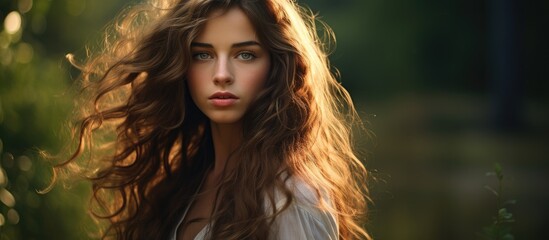 Fototapeta premium A beautiful young woman with long hair standing confidently in a field of grass, with the wind gently blowing through her hair.
