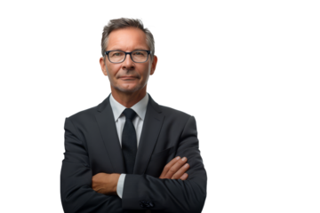 Professional Senior Businessman with Glasses and Arms Crossed on White Background