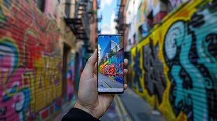 smartphone screen mockup held by a person's hand in front of a colorful graffiti wall in an urban alley
