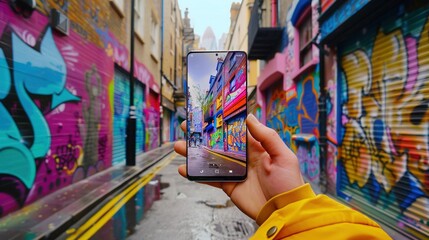 smartphone screen mockup held by a person's hand in front of a colorful graffiti wall in an urban...