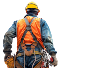 Rear View of Construction Worker with Safety Harness and Helmet on White Background