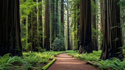Majestic redwood forest  towering trees with moss covered trunks reaching skyward - obrazy, fototapety, plakaty