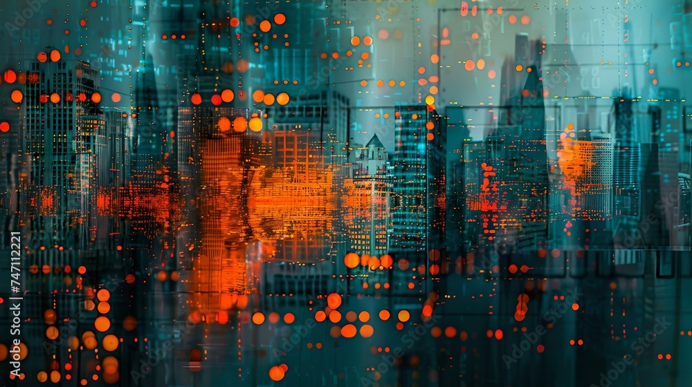 Poster futuristic cityscape with glowing data points overlay. cyberpunk vibes in a digital artwork. perfect
