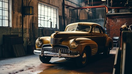 Vintage Rustic Car in an Old Garage with Sunlight Streaming Through Windows, Classic Automobile Restoration