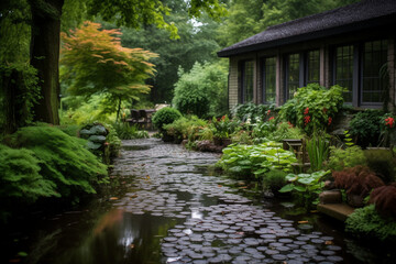 Garden with garden pond in the rain 