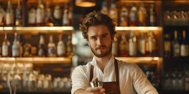 Confident male bartender holding a glass in a cozy bar. casual fashion, warm ambiance. professional at work. AI