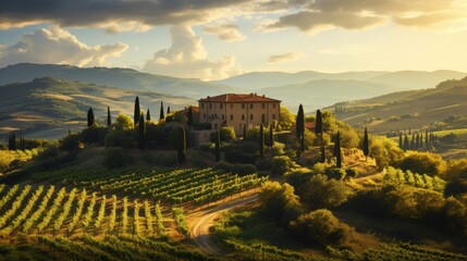 Scenic tuscan vineyard with grapevines in golden light, surrounded by rolling hills and olive groves