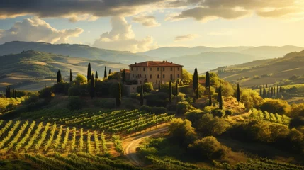 Foto op Plexiglas Scenic tuscan vineyard with grapevines in golden light, surrounded by rolling hills and olive groves © Philipp
