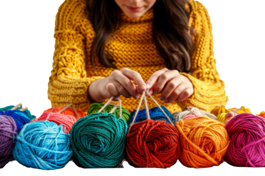 Creative Woman Hand-Crafting with Colorful Yarn Balls for Knitting on a White Background