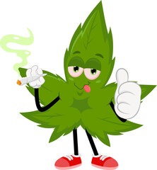 Funny Marijuana Leaf Cartoon Character Smoking A Joint And Giving The Thumbs Up. Vector Illustration Flat Design Isolated On Transparent Background