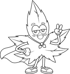 Outlined Funny Marijuana Leaf Cartoon Character SuperHero Showing. Victory Hand Sign Vector Hand Drawn Illustration Isolated On Transparent Background